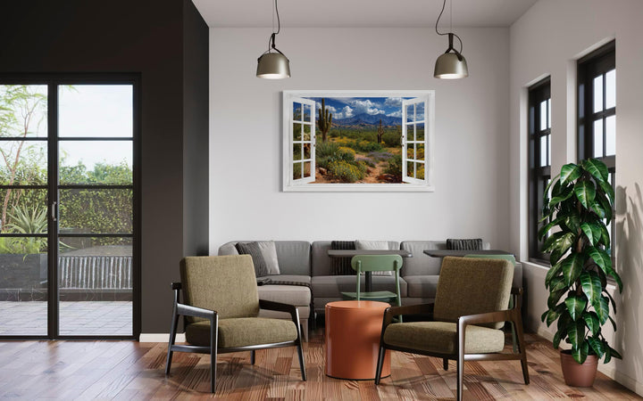 Arizona desert and saguaro cactus fake window view wall art hanging in a modern living room.