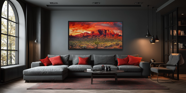 Arizona desert landscape at sunset framed canvas wall art hanging in a modern dark living room.