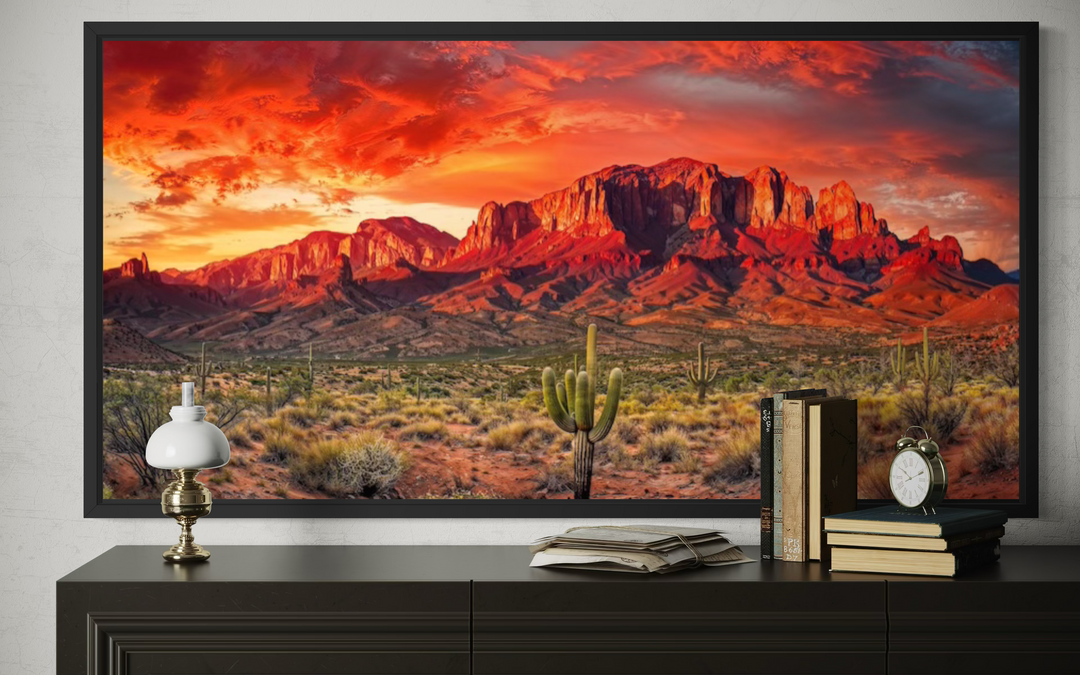 Arizona desert landscape at sunset framed canvas wall art above a dark wood dresser.