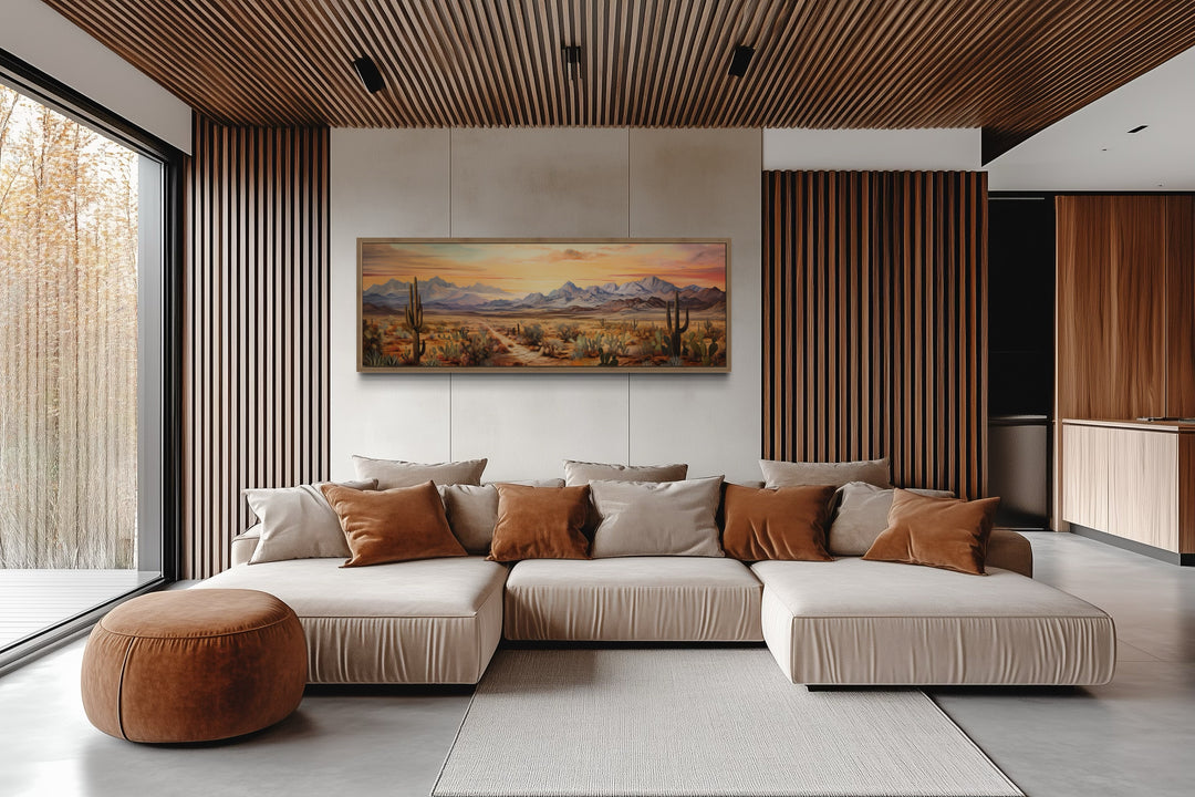Arizona desert landscape at sunset long horizontal framed canvas wall art above a modern sofa.