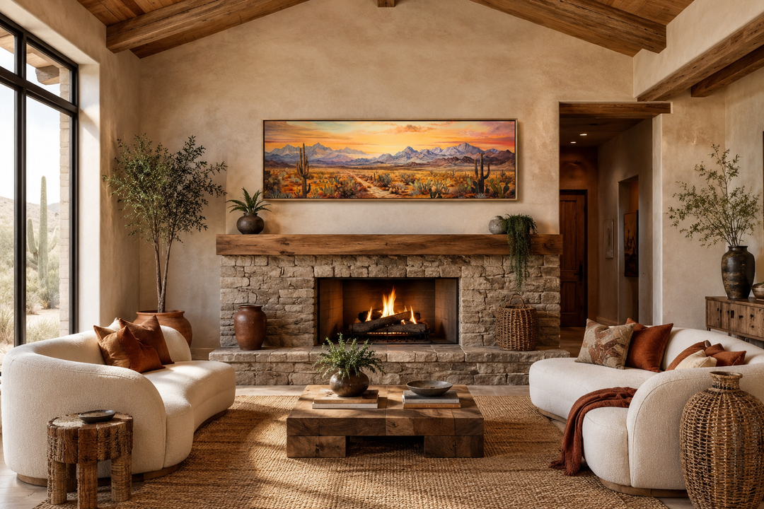 Long horizontal framed canvas wall art of an Arizona desert landscape at sunset over a fireplace.