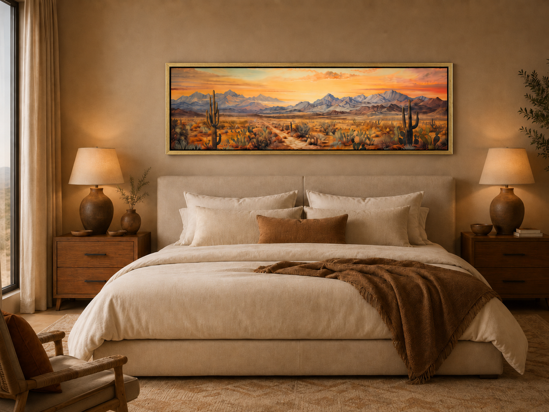 Arizona desert landscape at sunset long horizontal framed canvas wall art above a bed.