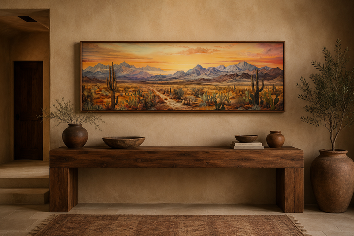 Long horizontal framed canvas wall art of an Arizona desert landscape at sunset with cacti.