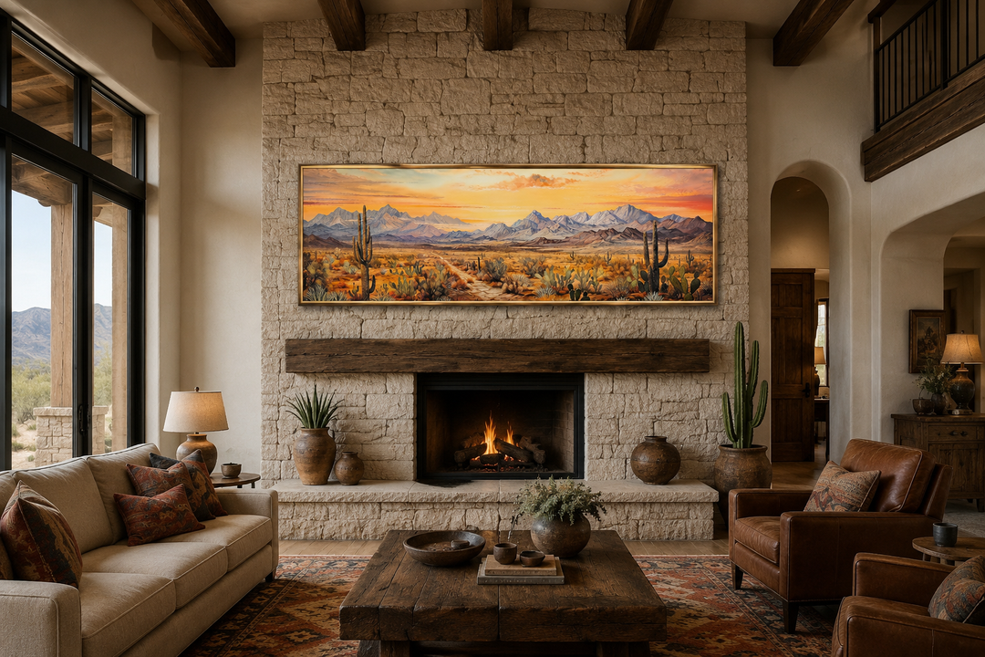 Long horizontal framed canvas wall art of an Arizona desert landscape at sunset over a fireplace.