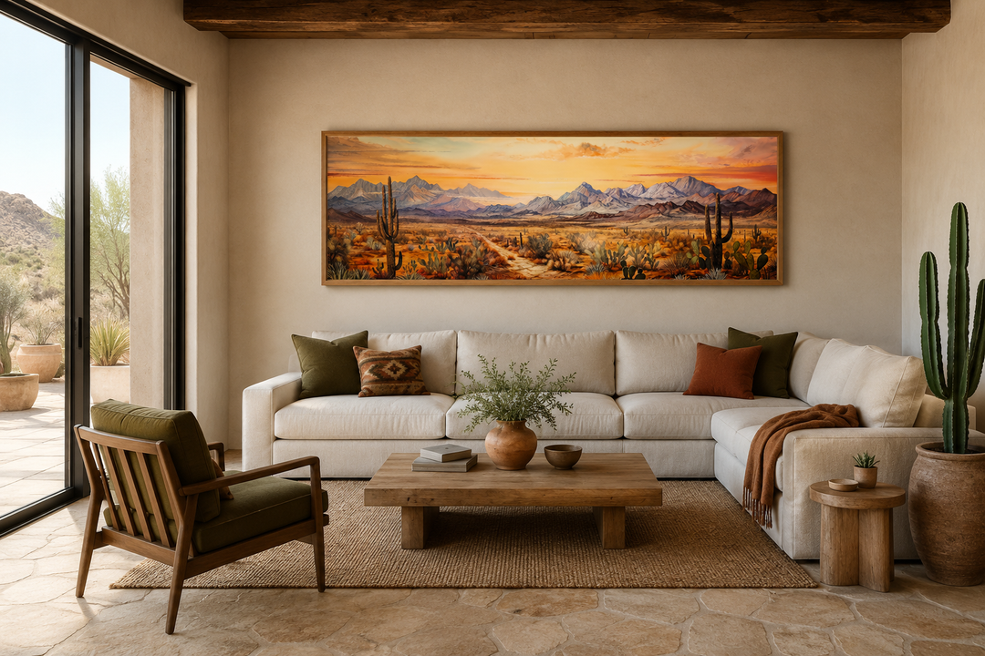 Arizona desert landscape at sunset long horizontal framed canvas wall art above a white sofa.