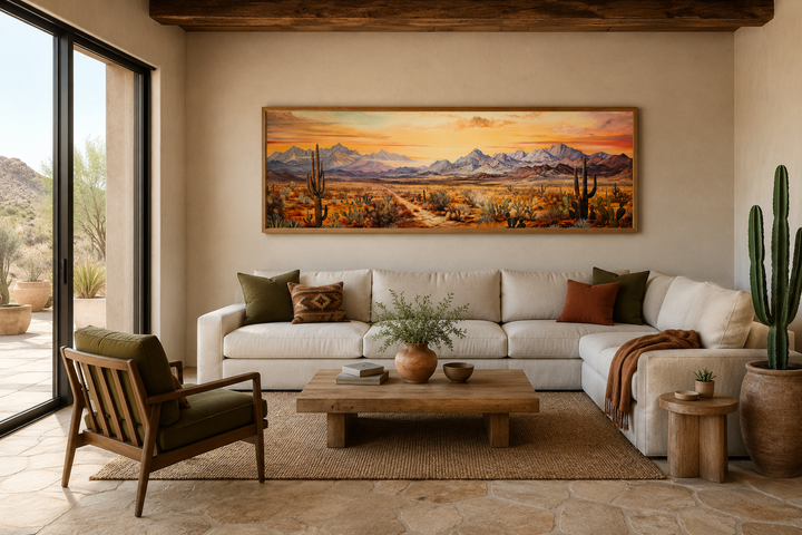 Arizona desert landscape at sunset long horizontal framed canvas wall art above a white sofa.