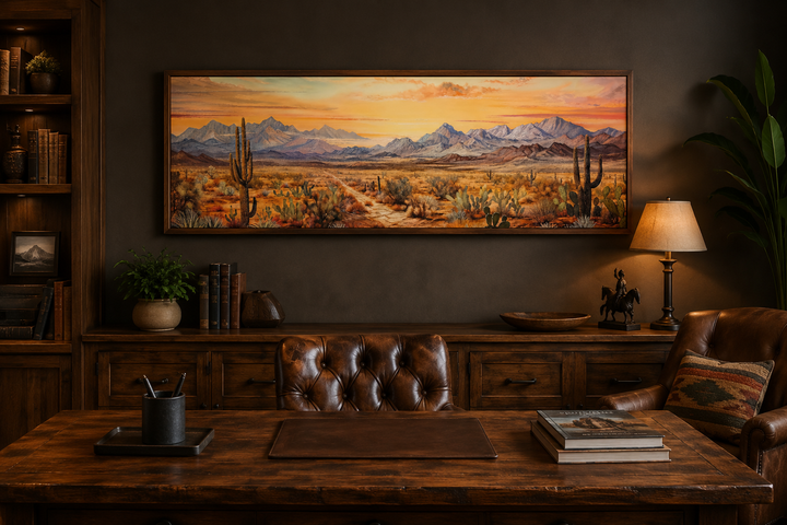 Long horizontal framed canvas wall art of an Arizona desert landscape at sunset over a wooden desk.