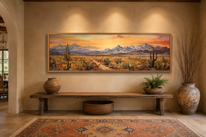 Arizona desert landscape at sunset long horizontal framed canvas wall art above a wooden bench.