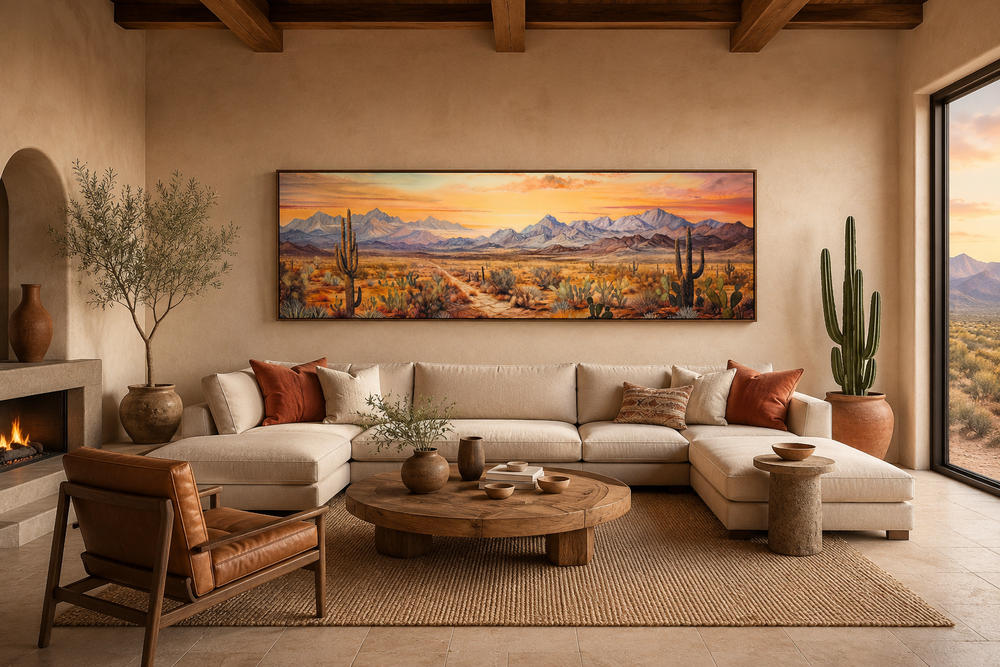 Long horizontal framed canvas wall art of an Arizona desert landscape at sunset above a sofa.