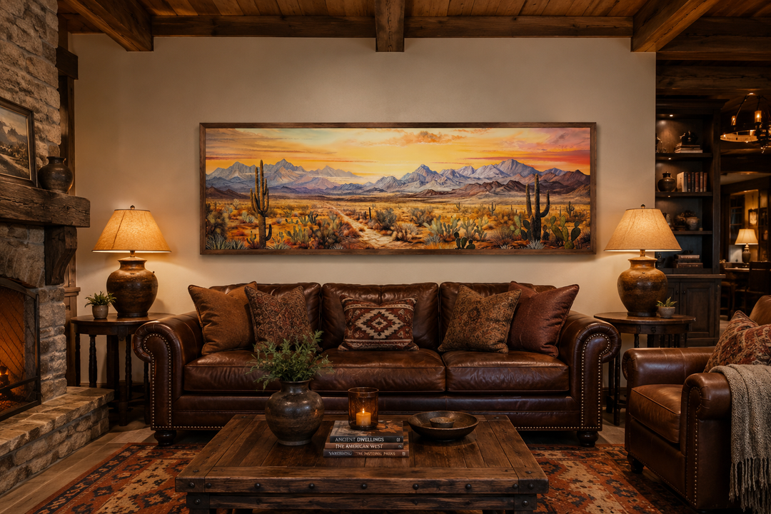 Arizona desert landscape at sunset long horizontal framed canvas wall art above a leather sofa.