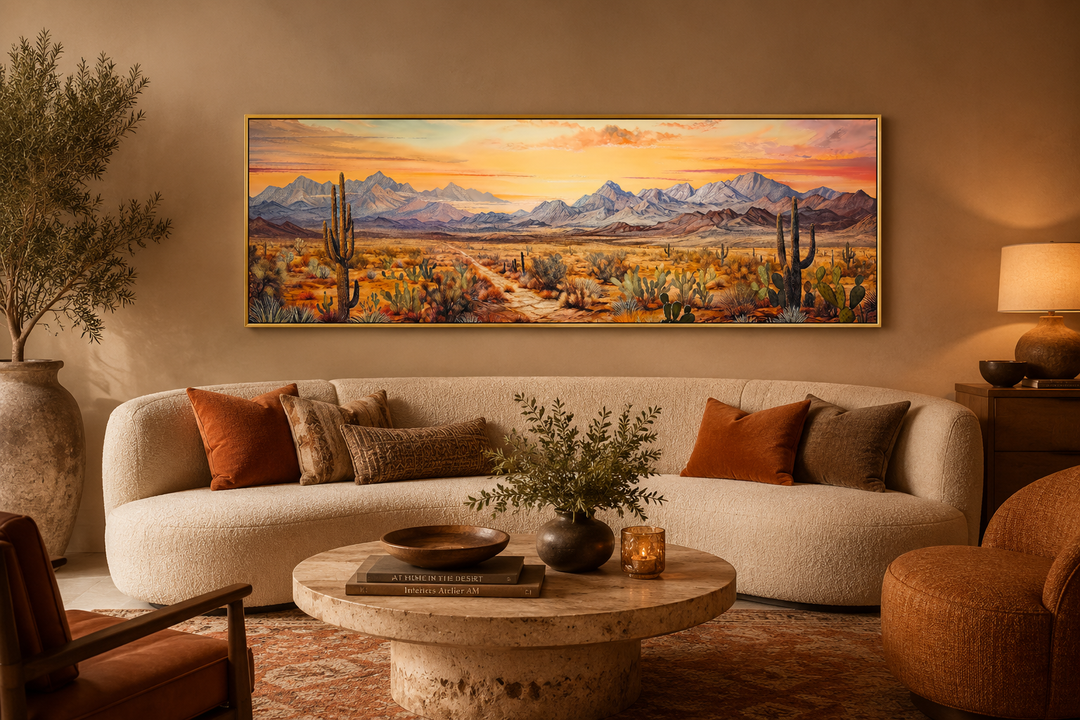 Arizona desert landscape at sunset long horizontal framed canvas wall art above a curved sofa.
