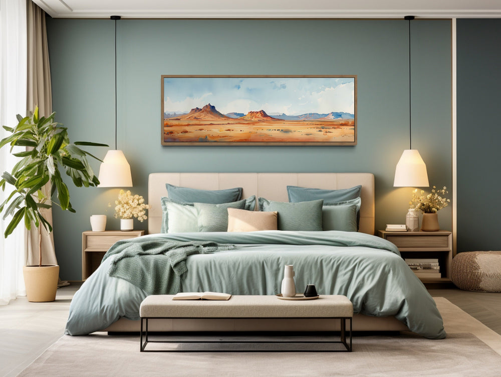 Arizona Desert Landscape Minimalist Horizontal Framed Canvas Wall Art above bed