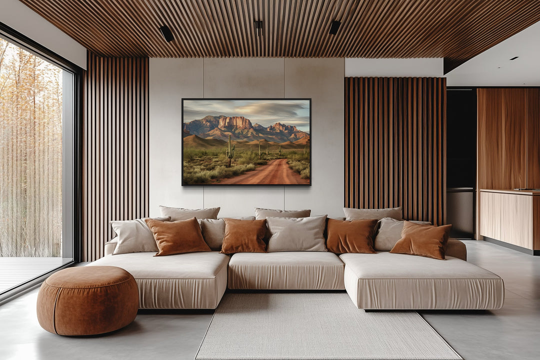 Arizona Desert Landscape The Four Peaks With Saguaro Cactus Framed Canvas Wall Art