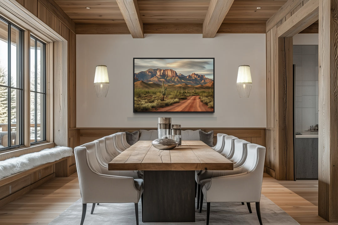 Arizona Desert Landscape The Four Peaks With Saguaro Cactus Framed Canvas Wall Art