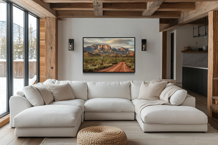 Arizona Desert Landscape The Four Peaks With Saguaro Cactus Framed Canvas Wall Art