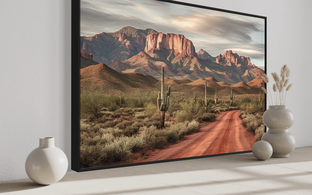 Arizona Desert Landscape The Four Peaks With Saguaro Cactus Framed Canvas Wall Art