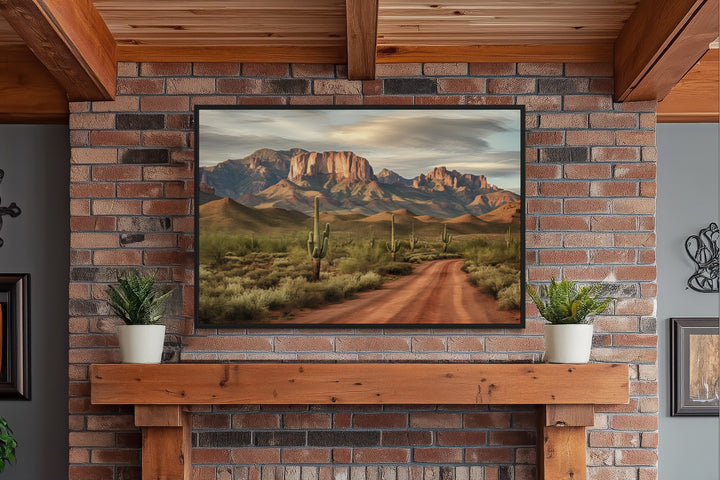 Arizona Desert Landscape The Four Peaks With Saguaro Cactus Framed Canvas Wall Art