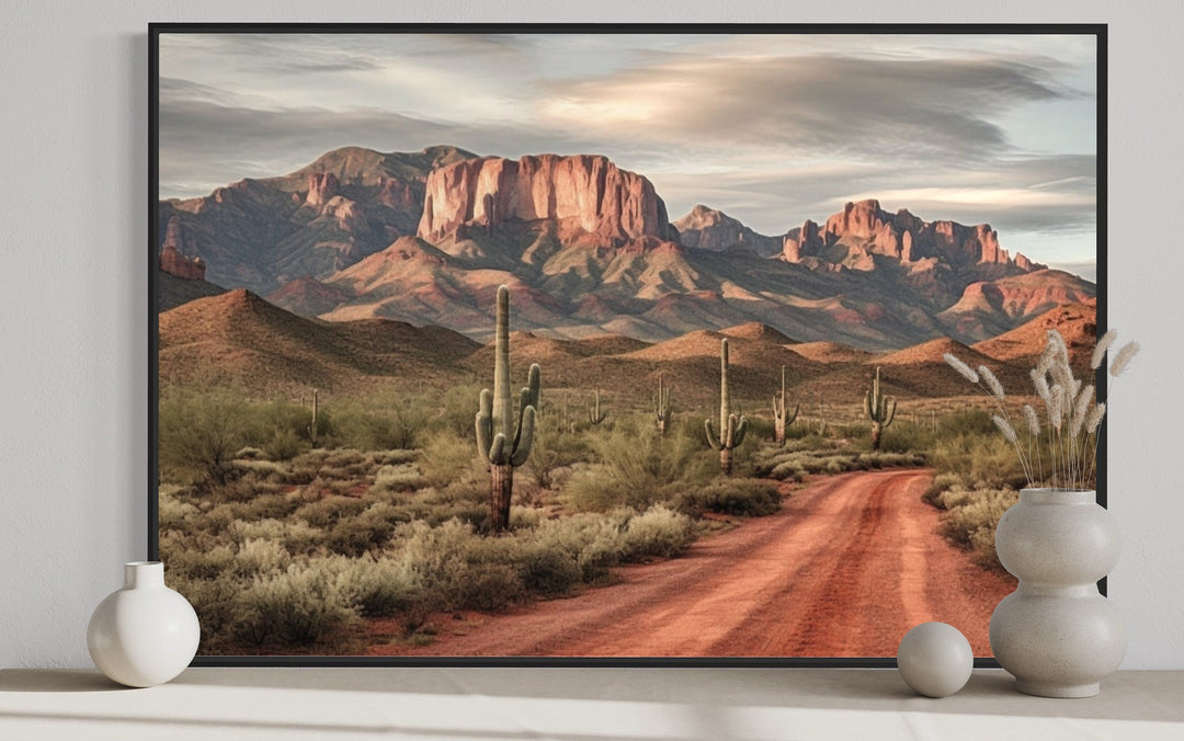 Arizona Desert Landscape The Four Peaks With Saguaro Cactus Framed Canvas Wall Art