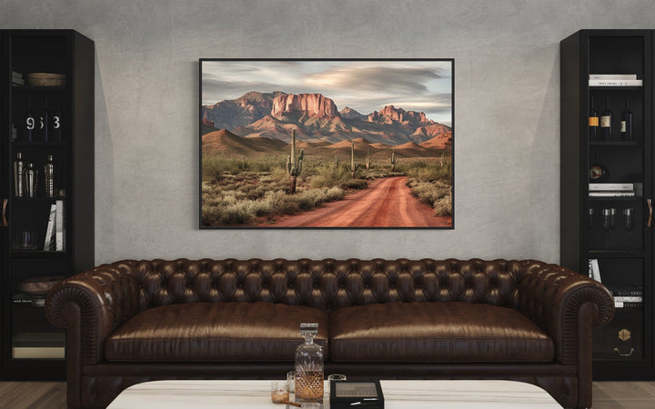 Arizona Desert Landscape The Four Peaks With Saguaro Cactus Framed Canvas Wall Art