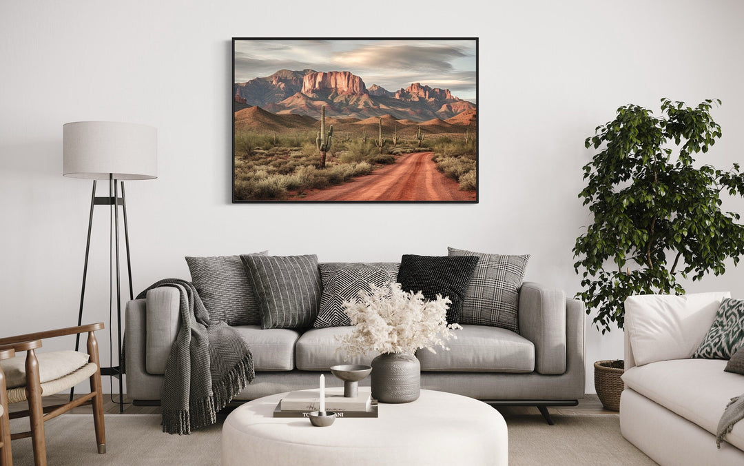 Arizona Desert Landscape The Four Peaks With Saguaro Cactus Framed Canvas Wall Art