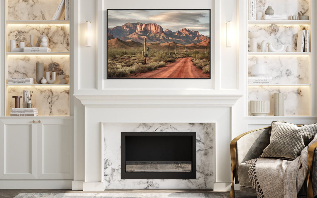 Arizona Desert Landscape The Four Peaks With Saguaro Cactus Framed Canvas Wall Art