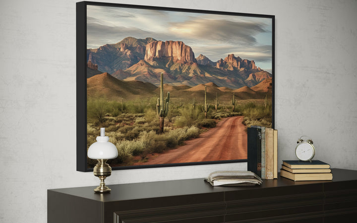 Arizona Desert Landscape The Four Peaks With Saguaro Cactus Framed Canvas Wall Art