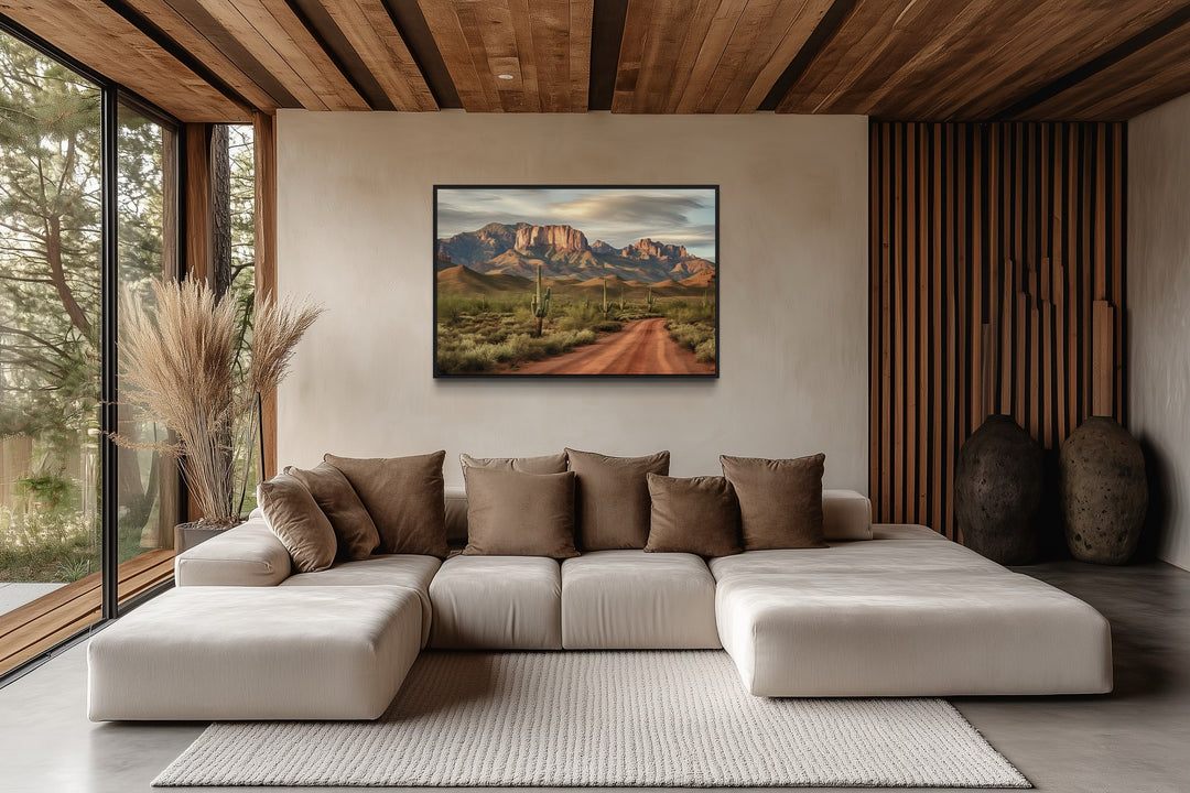 Arizona Desert Landscape The Four Peaks With Saguaro Cactus Framed Canvas Wall Art