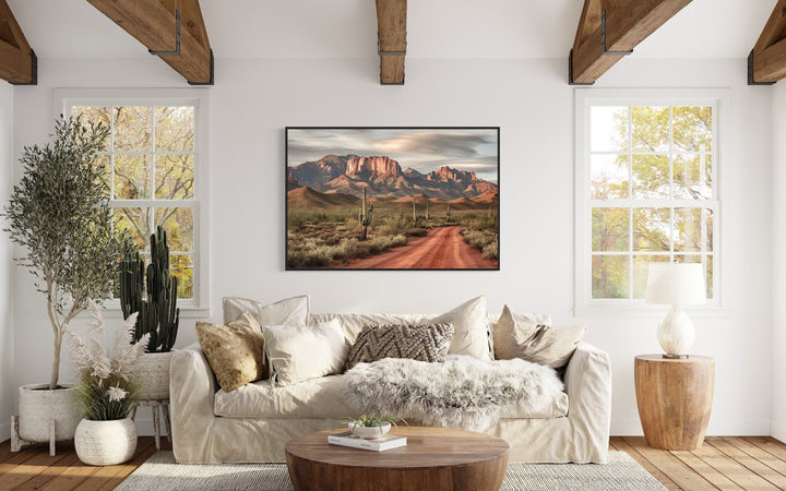 Arizona Desert Landscape The Four Peaks With Saguaro Cactus Framed Canvas Wall Art