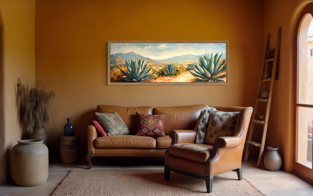 Arizona Desert Landscape With Agave Long Horizontal Framed Canvas Wall Art