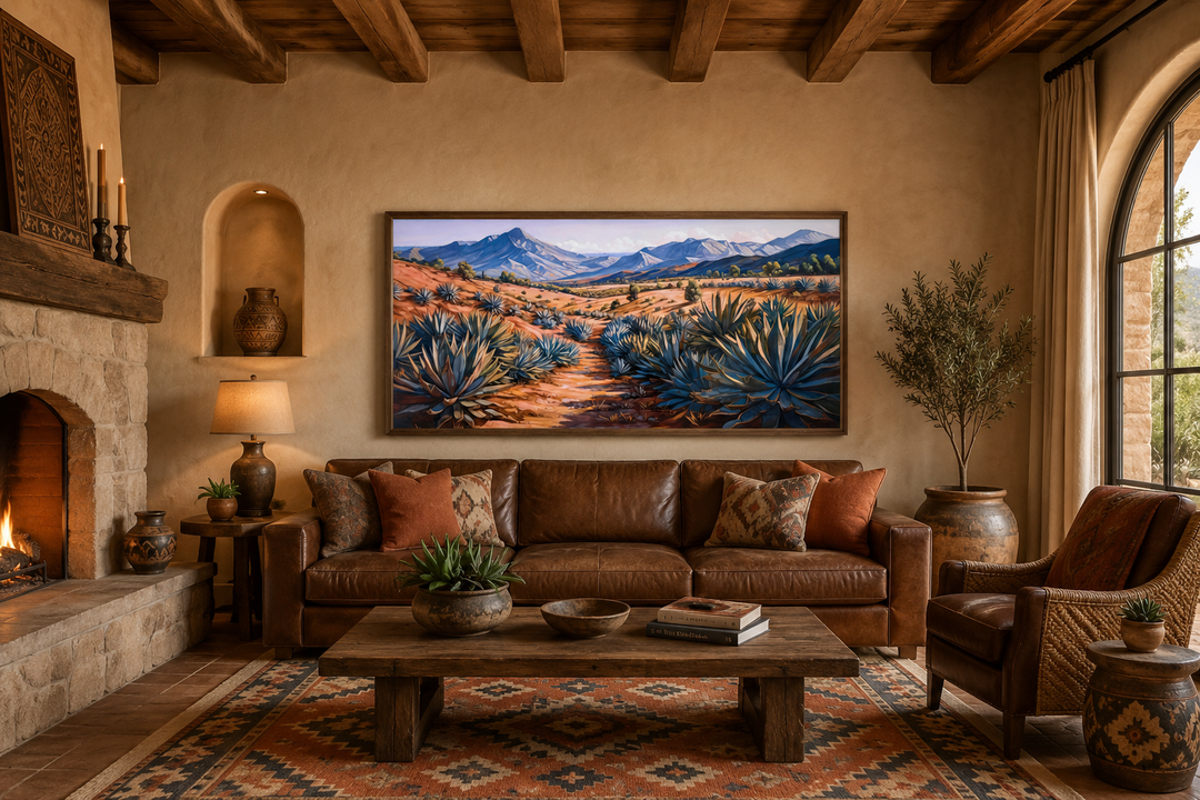 Framed canvas wall art of an Arizona desert landscape with agave plants in a rustic living room.