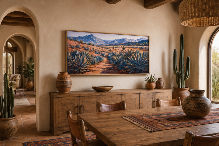 Arizona desert landscape framed canvas wall art with agave plants above a wooden sideboard.