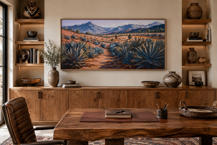 Arizona desert landscape framed canvas wall art featuring agave plants and mountain horizon.