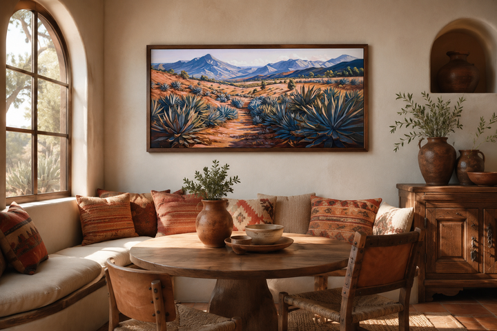 Arizona desert landscape with agave plants framed canvas wall art in a rustic dining room.