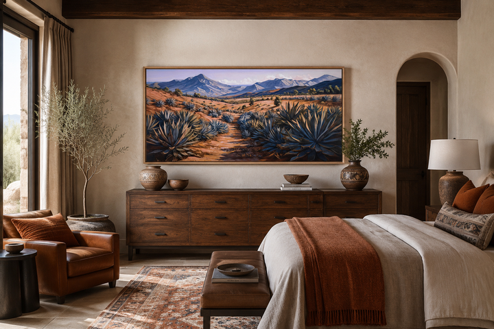 Arizona desert landscape framed canvas wall art featuring agave plants and mountains over a dresser.