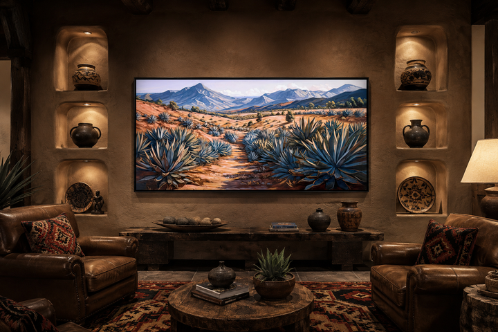 Arizona desert landscape framed canvas wall art featuring agave plants and blue mountains.