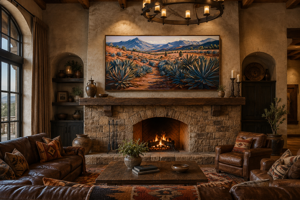Framed canvas wall art of an Arizona desert landscape with agave plants above a stone fireplace.