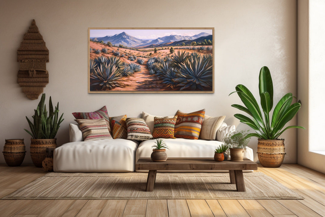Arizona desert landscape framed canvas wall art featuring agave plants and distant mountains.