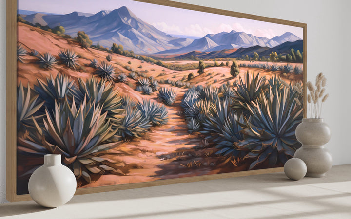Arizona desert landscape framed canvas wall art featuring agave plants and blue mountains.