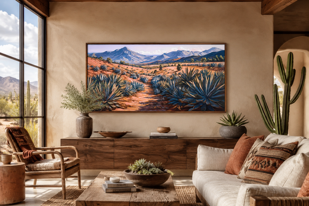 Arizona desert landscape framed canvas wall art featuring agave plants and mountains in a room.