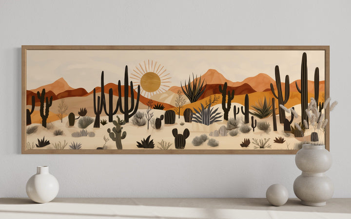 Horizontal canvas wall art of a mid-century modern Arizona desert landscape with cacti and sun.