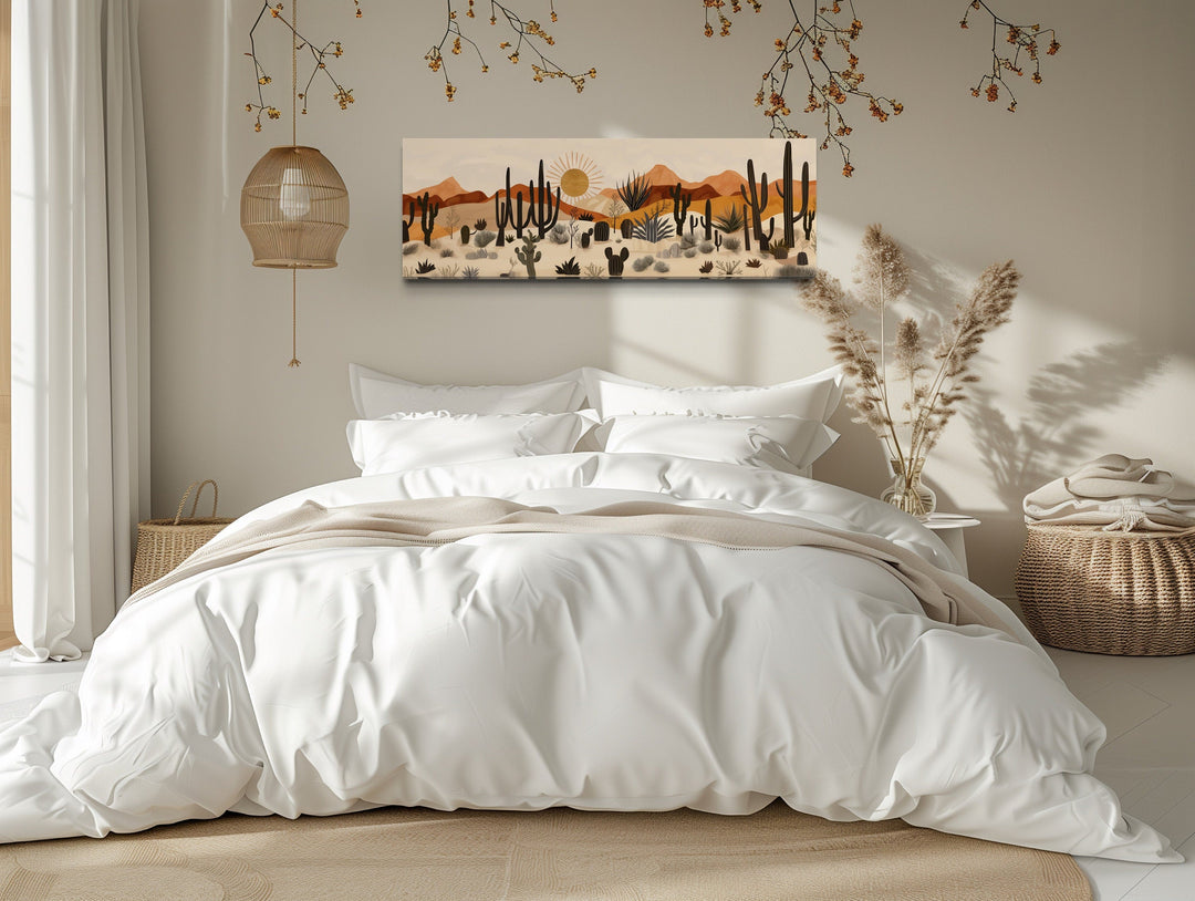 Arizona Desert mid-century modern cactus landscape horizontal canvas wall art above a white bed.