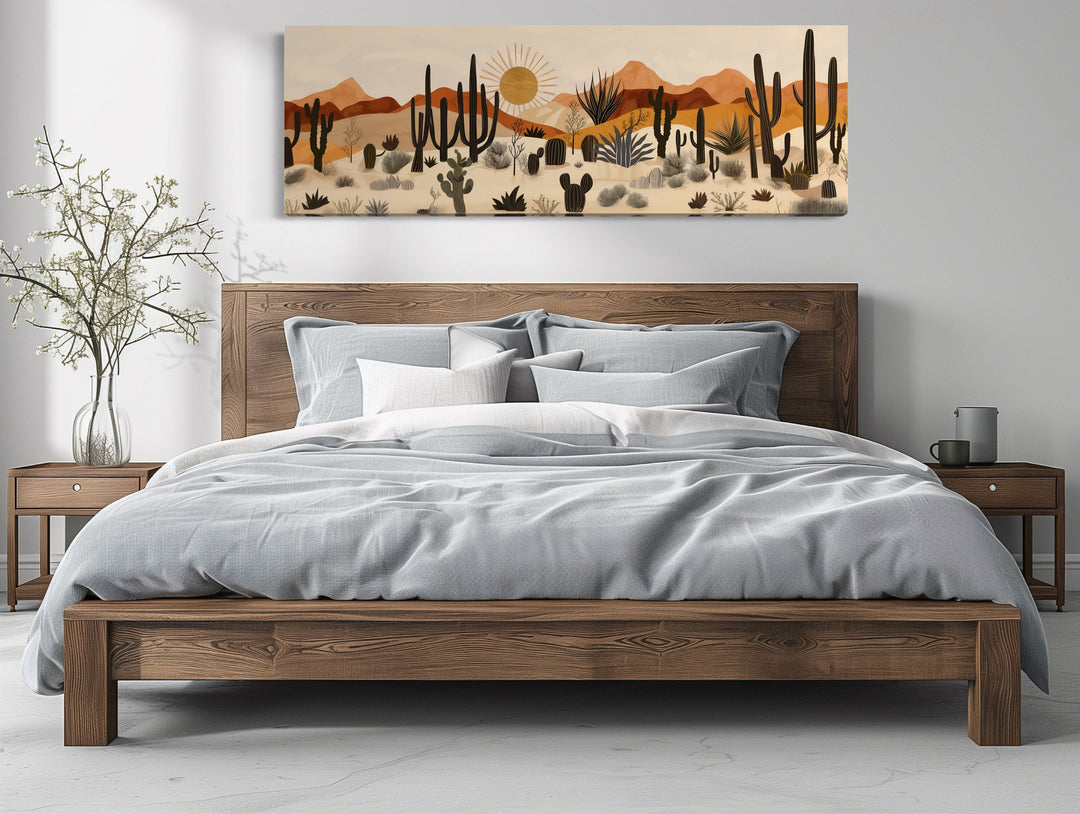 Arizona Desert mid-century modern cactus landscape horizontal canvas wall art above a wooden bed.
