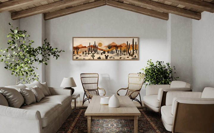 Arizona Desert mid-century modern cactus landscape horizontal canvas wall art above a sofa.