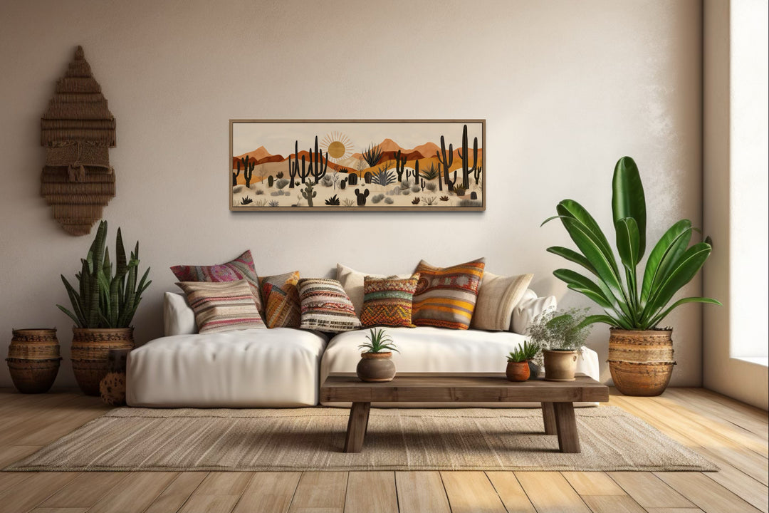 Arizona Desert mid-century modern cactus landscape horizontal canvas wall art above a white sofa.