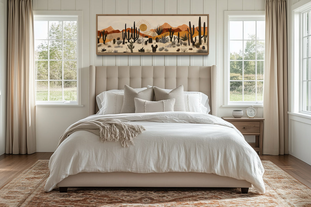 Arizona Desert mid-century modern cactus landscape horizontal canvas wall art above a bed.
