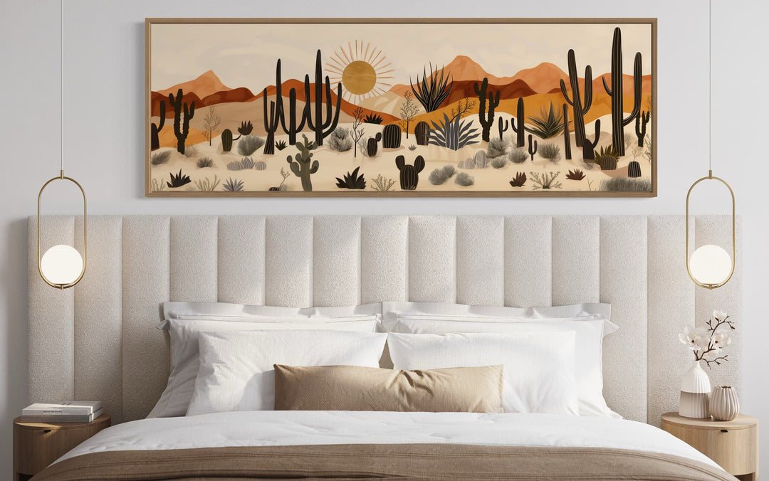 Arizona Desert mid-century modern cactus landscape horizontal canvas wall art above a bed.