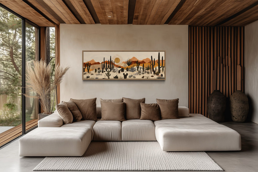 Arizona Desert mid-century modern cactus landscape horizontal canvas wall art above a beige sofa.