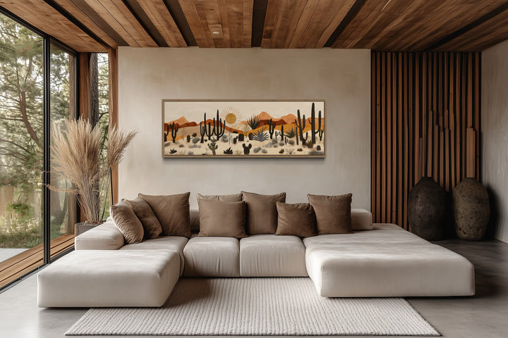 Arizona Desert mid-century modern cactus landscape horizontal canvas wall art above a beige sofa.
