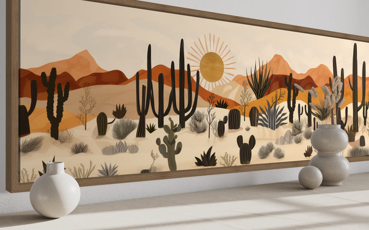 Arizona Desert mid-century modern horizontal canvas wall art with cacti and a sun over hills.