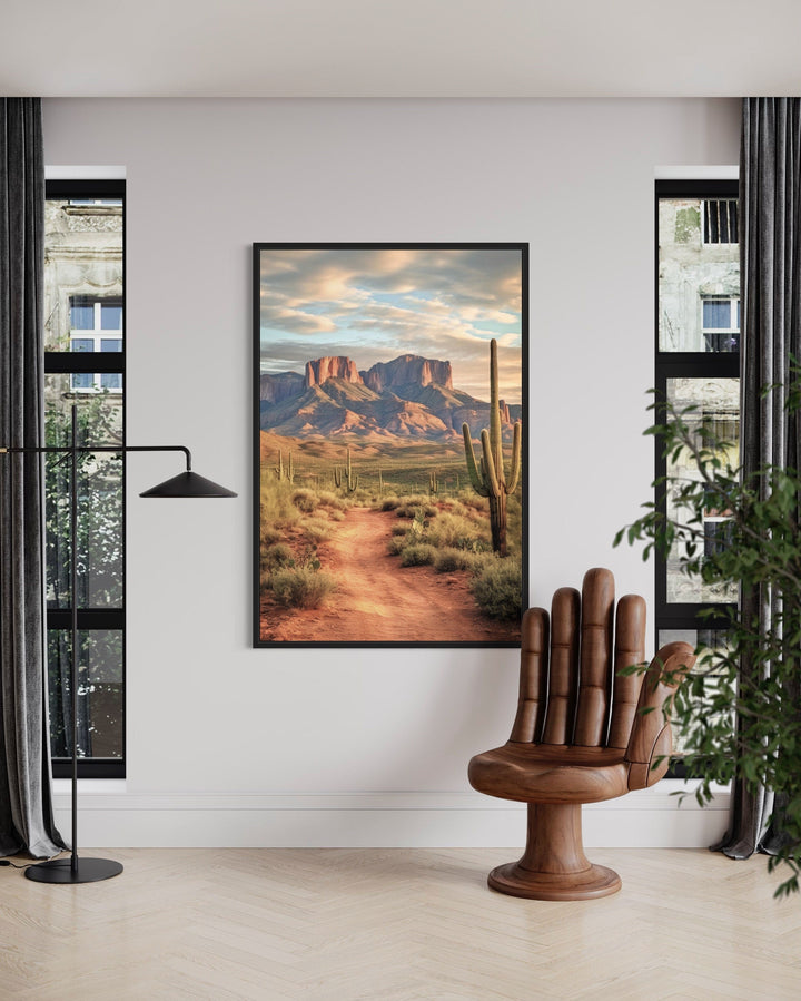 Arizona Desert Painting With Saguaro Cactus Vertical Framed Canvas Wall Art